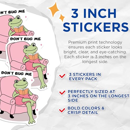 (3 Pack) Frog Decals - Don't Bug Me - Reading Frog Laptop Decal- 3 Inches On Longest Side - Easy Peel & Apply - Made in USA - 3MCS5814