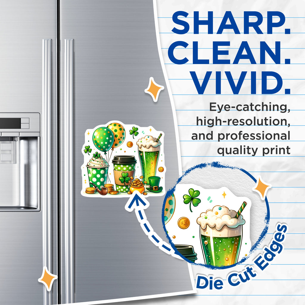 (2 Pack) St Patricks Day Magnets - Irish Celebration Decor - Lucky Shamrock Fridge Accent - Festive Coffee Beer Theme - 5 Inches On Longest Side - Thick Durable Magnet - Made in USA - MAG39797