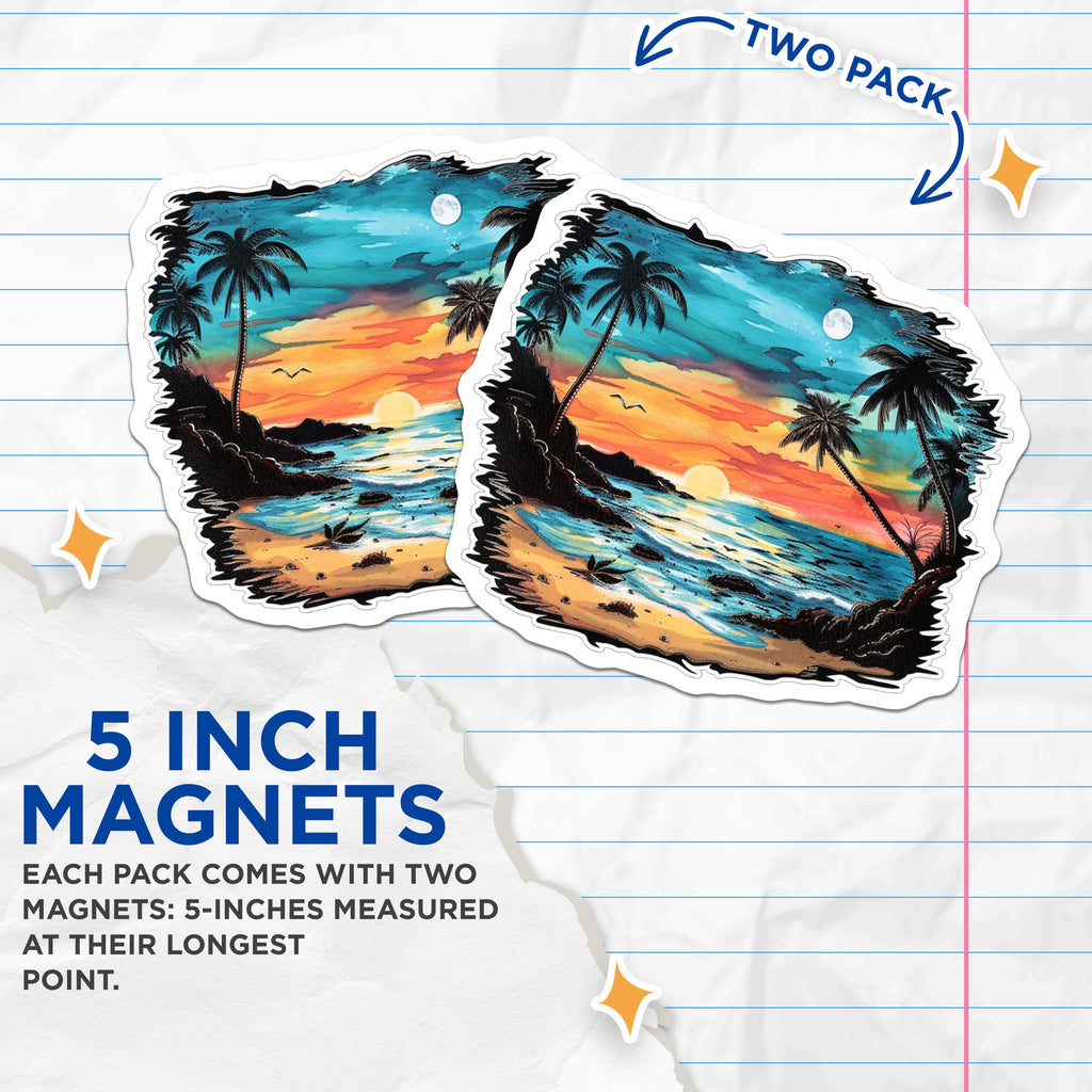 (2 Pack) Cannabis Beach Sunset Magnets - Tropical Palm Tree Art - Stoner Aesthetic Decor - 5 Inches On Longest Side - Thick Durable Magnet - Made in USA - MAG39110