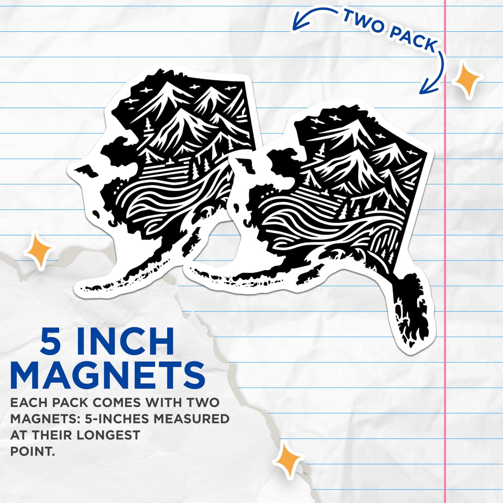 (2 Pack) Alaska Magnets - Mountain Landscape - Nature Scenery - State Silhouette Art - 5 Inches On Longest Side - Thick Durable Magnet - Made in USA - MAG19163