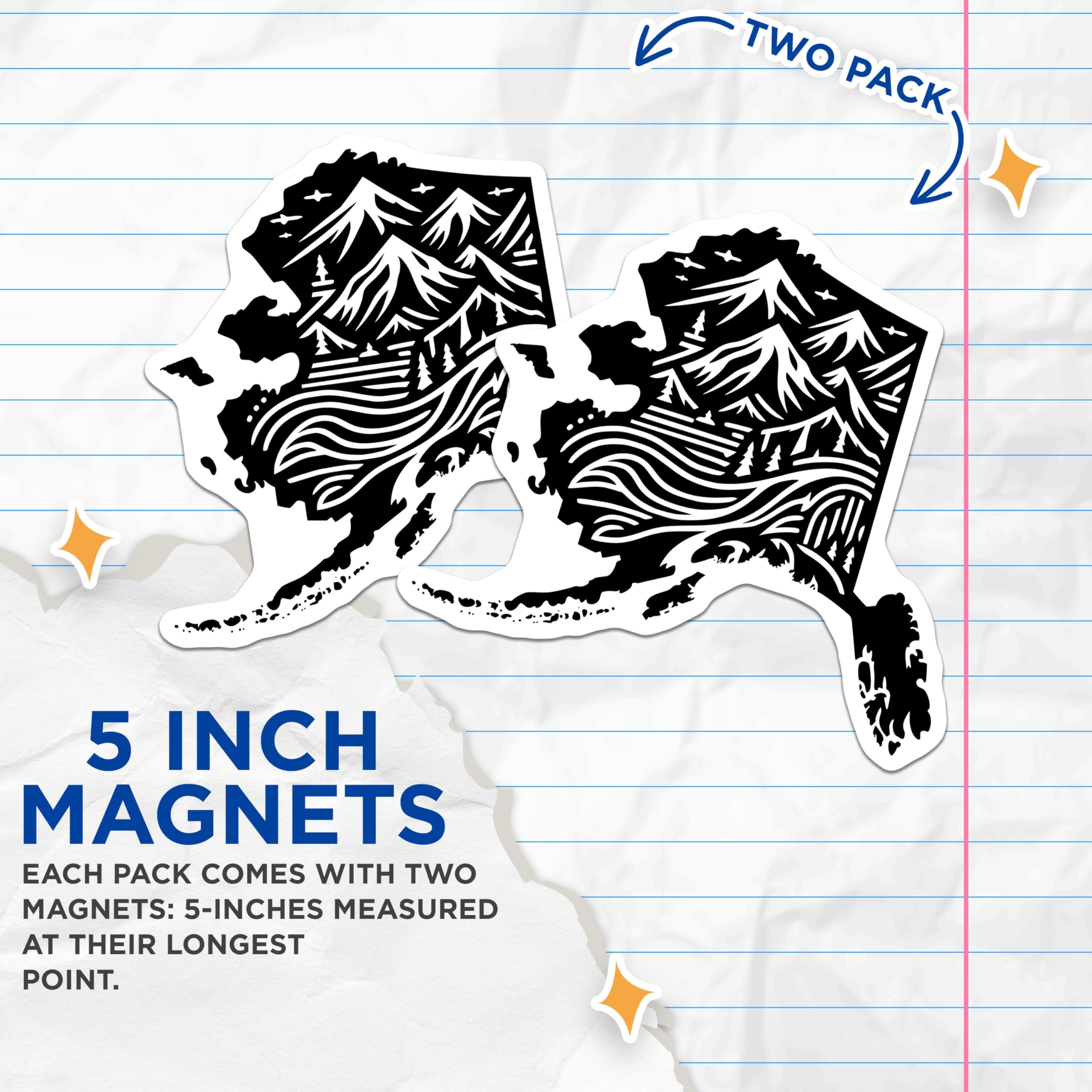 (2 Pack) Alaska Magnets - Mountain Landscape - Nature Scenery - State Silhouette Art - 5 Inches On Longest Side - Thick Durable Magnet - Made in USA - MAG19163