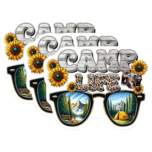 (3 Pack) Camp Life Decals - Outdoor Adventure Sticker - Sunflower Camera Laptop Decal - 3 Inches On Longest Side - Easy Peel & Apply - Made in USA - 3MCS2057