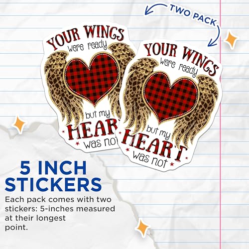 (2 Pack) Your Wings were Ready Stickers - Memorial Quote - Inspirational Heart Design - 5" On Longest Side - Sticks to Smooth Flat Surfaces - Made in USA - BMCS6115