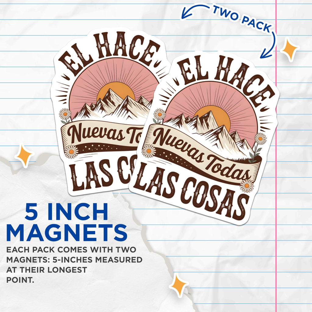 (2 Pack) He Makes All Things New Magnets - El Hace Nuevas Todas Las Cosas - Christian Mountain Sunset Daisy Boho Art - 5 Inches On Longest Side - Thick Durable Magnet - Made in USA - MAG20860
