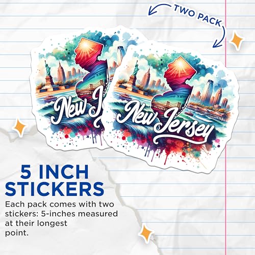 (2 Pack) New Jersey Cityscape Stickers - State Pride - Vibrant Artistic Design - 5" On Longest Side - Sticks to Smooth Flat Surfaces - Made in USA - BMCS6870