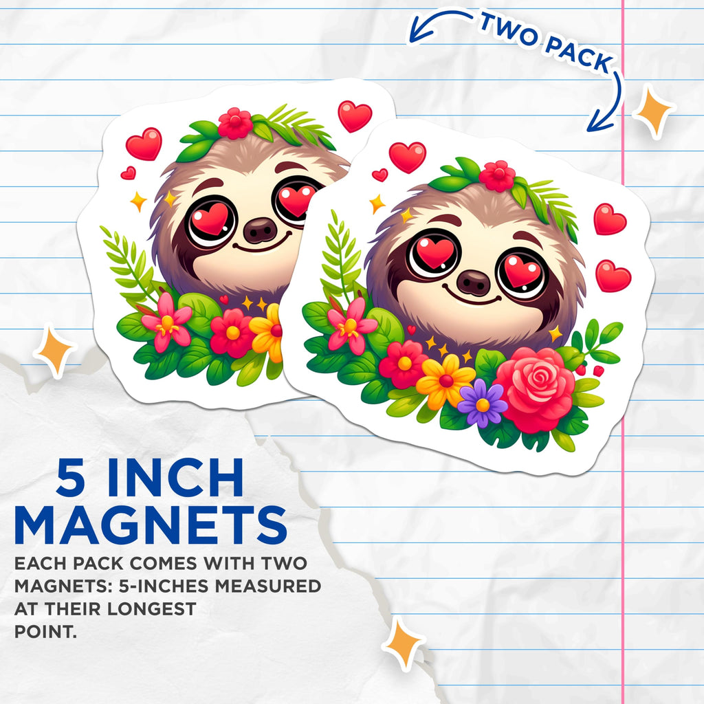 (2 Pack) Cute Sloth Magnets - Adorable Heart Eyes Sloth Decor - Floral Animal Fridge Locker Magnet - Kawaii Home Accent - 5 Inches On Longest Side - Thick Durable Magnet - Made in USA - MAG22184