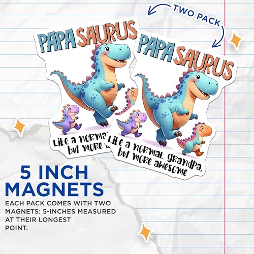 (2 Pack) Papa Saurus Magnets - Like a Normal Grandpa But More Awesome - Funny Grandpa Decor - 5" On Longest Side - for Cars, Fridges, Toolboxes - Made in USA - MAG7472