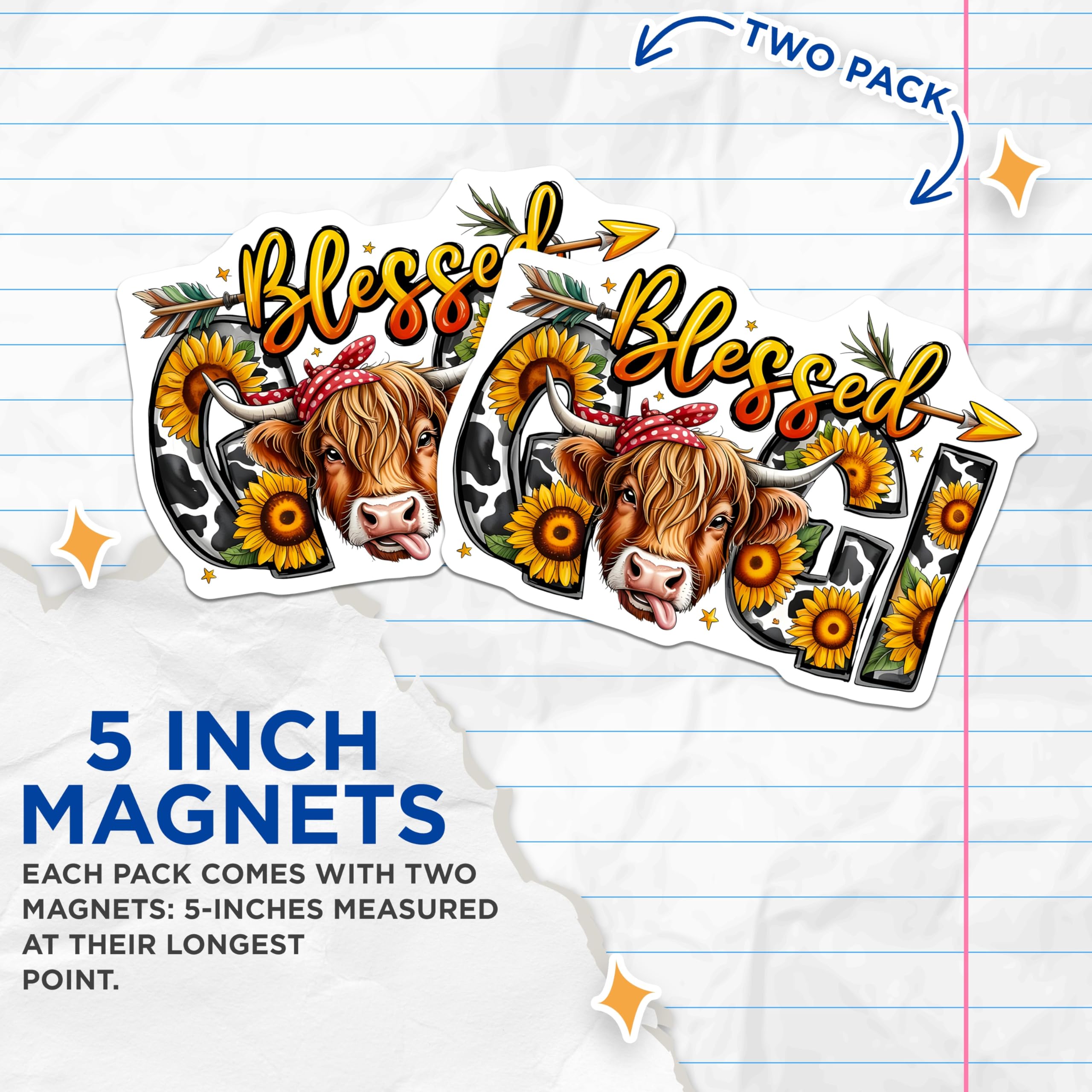 (2 Pack) Blessed Cowgirl Highland Cow Magnets - Farmhouse Western Decor - Sunflower Cow Print - 5 Inches On Longest Side - Thick Durable Magnet - Made in USA - MAG28186