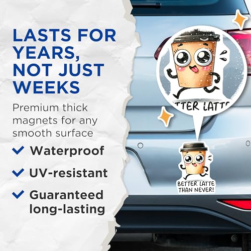 (2 Pack) Cute Coffee Cup Magnets - Funny Better Latte Than Never - Kawaii Coffee Art - 5" On Longest Side - for Cars, Refrigerators, Toolboxes, Lockers - Made in USA BMCS3289
