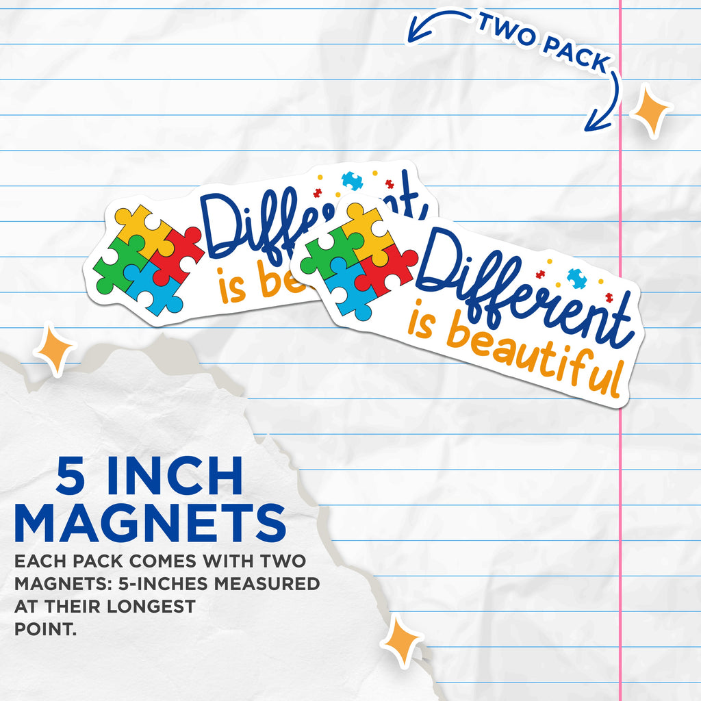 (2 Pack) Neurodiversity Autism Acceptance Magnets - Different is Beautiful - Awareness Advocacy Support Refrigerator Magnet - 5 Inches On Longest Side - Thick Durable Magnet - Made in USA - MAG39652