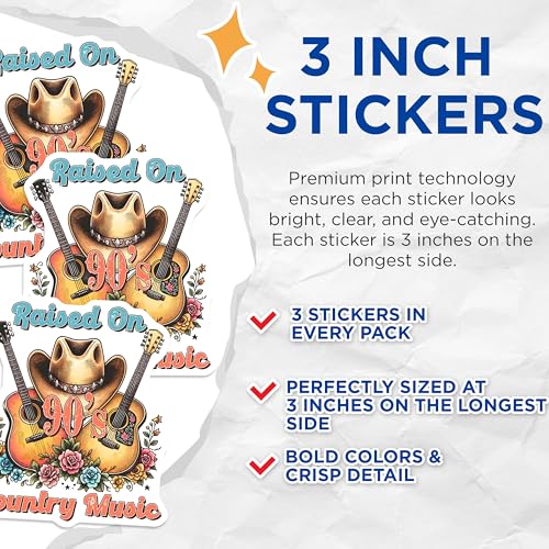 (3 Pack) 90s Country Music Decals - Raised On Country - Cowboy Hat Decal - 3 Inches On Longest Side - Easy Peel & Apply - Made in USA - 3MCS1930