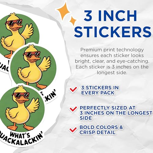 (3 Pack) Cool Duck Decals - What's Quackalackin' - Funny Animal Decals - 3 Inches On Longest Side - Easy Peel & Apply - Made in USA - 3MCS8290