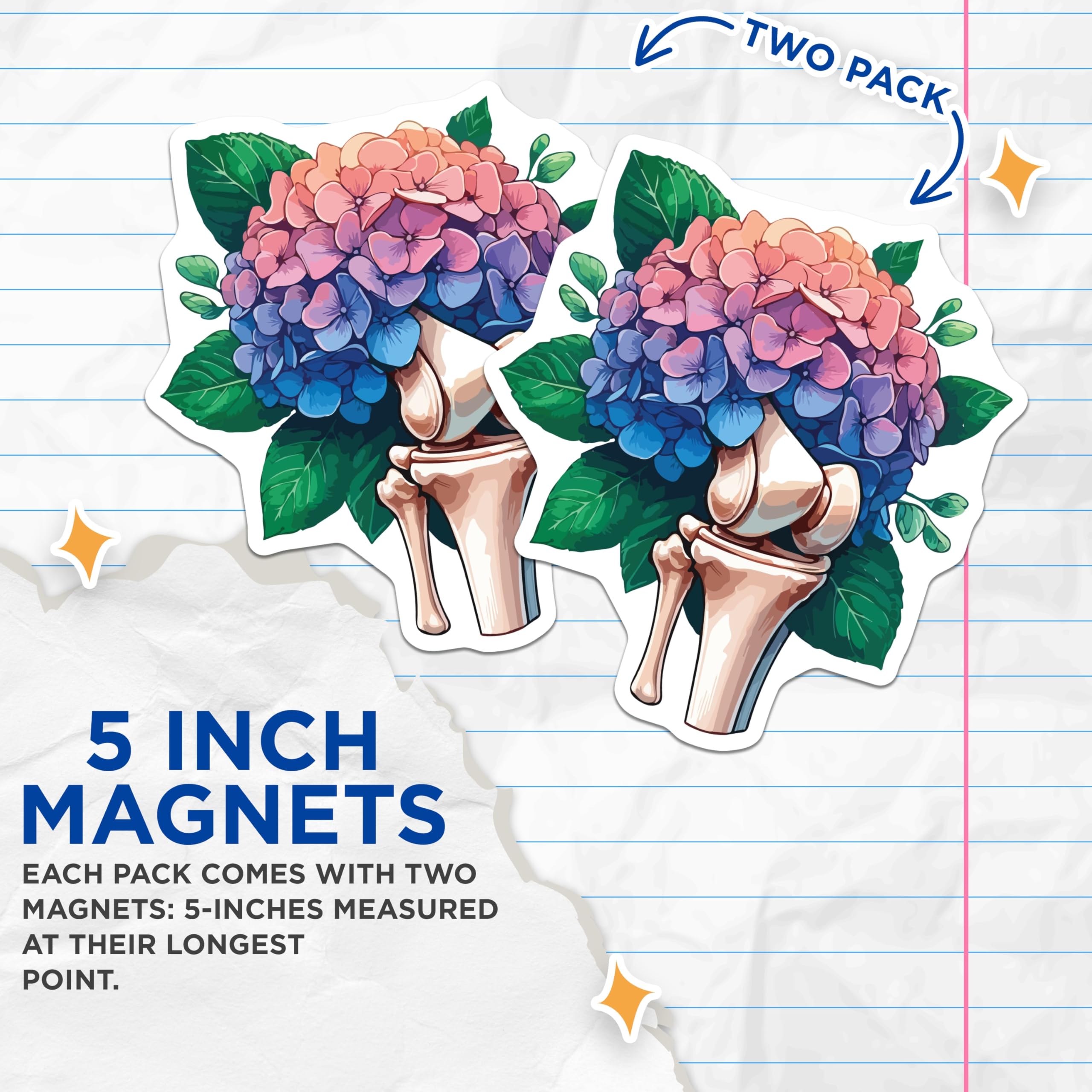 (2 Pack) Hydrangea Knee Joint Magnets - Anatomical Flower Art - Unique Medical Decor Fridge Magnets - 5 Inches On Longest Side - Thick Durable Magnet - Made in USA - MAG19498