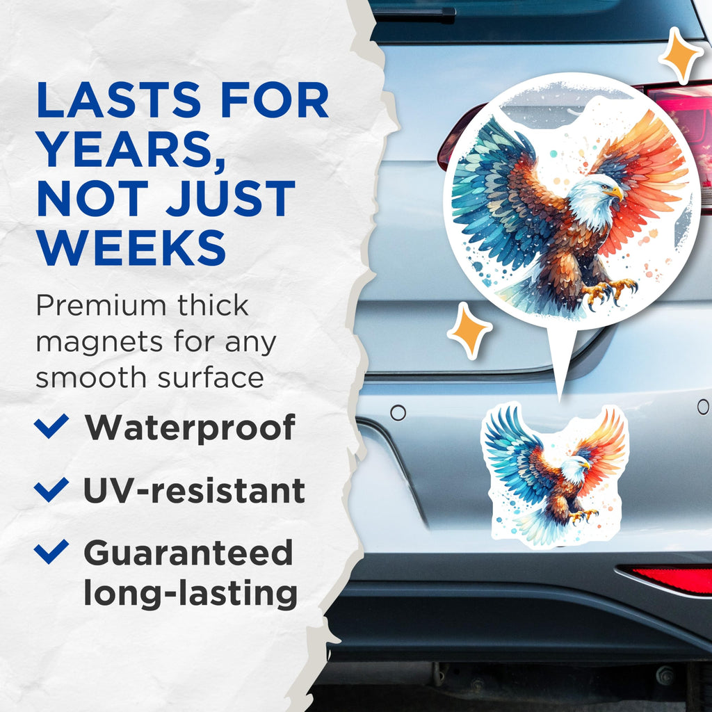 (2 Pack) Patriotic Eagle Magnets - American Bald Eagle Art - Watercolor Wildlife Decor - 5 Inches On Longest Side - Thick Durable Magnet - Made in USA - MAG21571