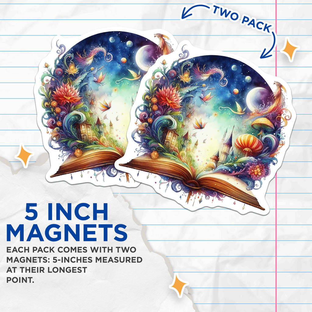 (2 Pack) Fantasy Book Magnets - Whimsical Storybook Art - Magical Reading Decor - Enchanted Castle Fairytale Dreamscape Magnets - 5" - Durable Magnet - Made in USA - MAG37505