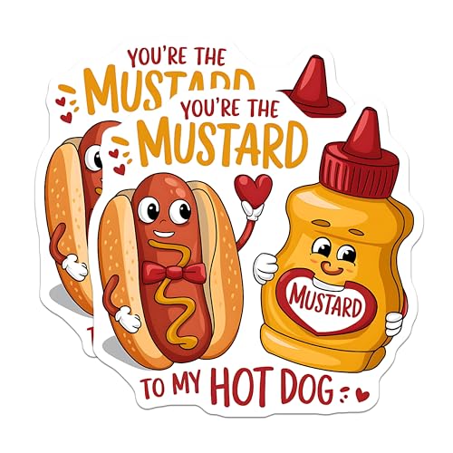 (2 Pack) Funny Hot Dog and Mustard Stickers - Cute Couple Food Stickers - Adorable Humor Stickers - 5" On Longest Side - Sticks to Smooth Flat Surfaces - Made in USA - BMCS5206
