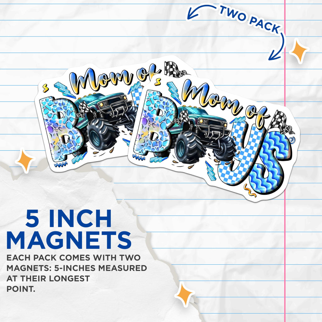 (2 Pack) Mom of Boys Magnets - Monster Truck Mom - Racing Flags Decor - Blue Boy Mother Refrigerator Accessory - 5 Inches On Longest Side - Thick Durable Magnet - Made in USA - MAG28304
