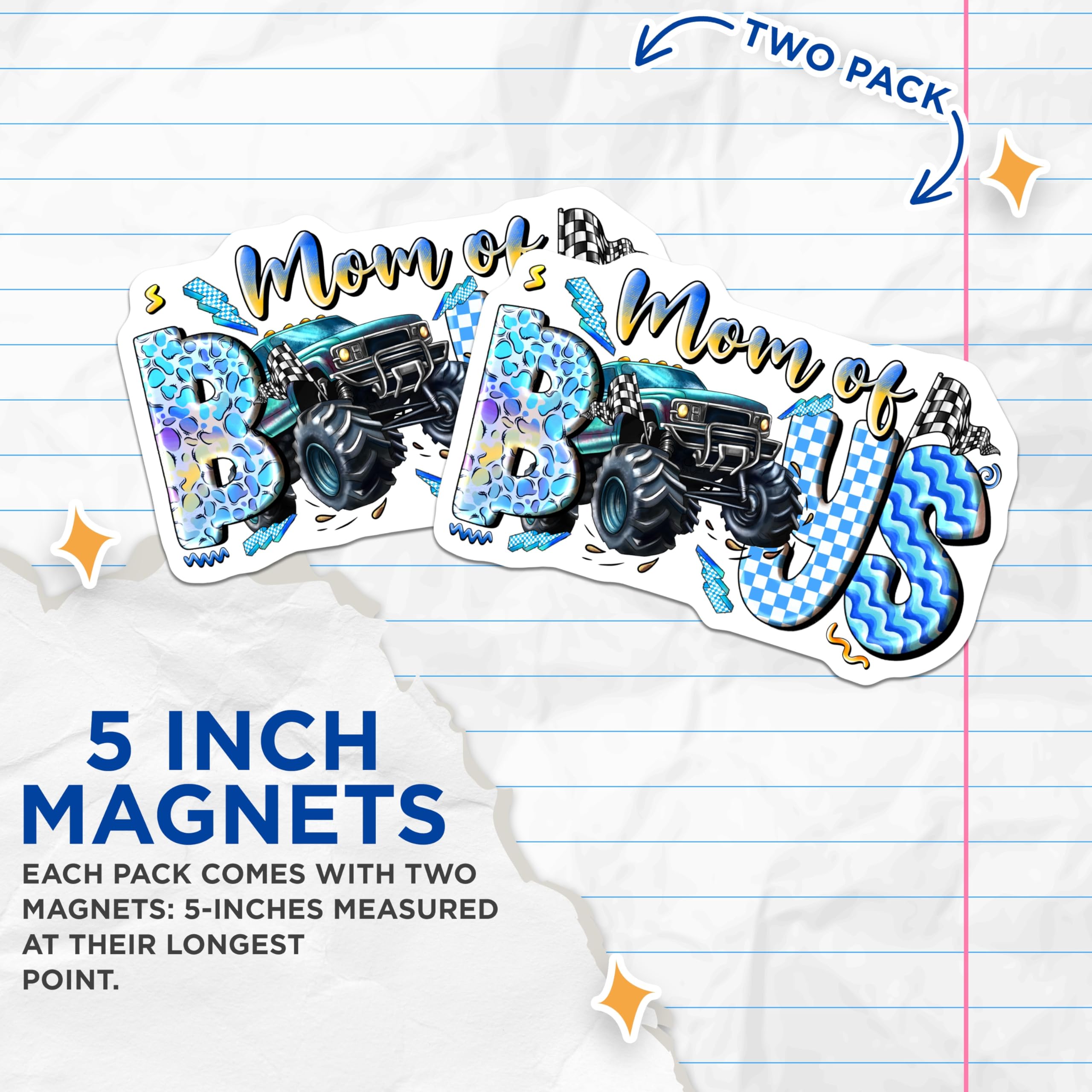 (2 Pack) Mom of Boys Magnets - Monster Truck Mom - Racing Flags Decor - Blue Boy Mother Refrigerator Accessory - 5 Inches On Longest Side - Thick Durable Magnet - Made in USA - MAG28304