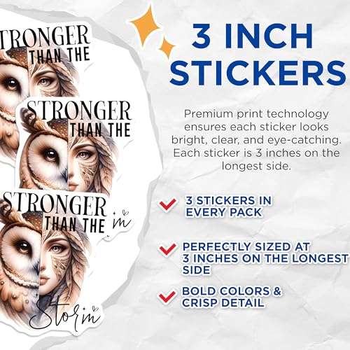 (3 Pack) Stronger Than The Storm Decals - Owl Decals - Woman Empowerment Stickers - 3 Inches On Longest Side - Easy Peel & Apply - Made in USA - 3MCS8007