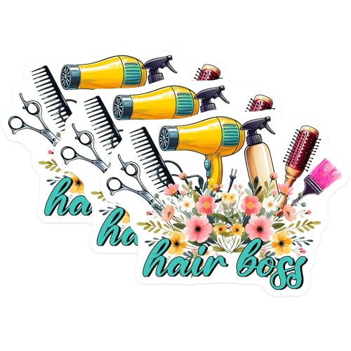 (3 Pack) Hair Boss Decals - Salon Tools - Floral Hairdresser Decals - 3 Inches On Longest Side - Easy Peel & Apply - Made in USA - 3MCS6333