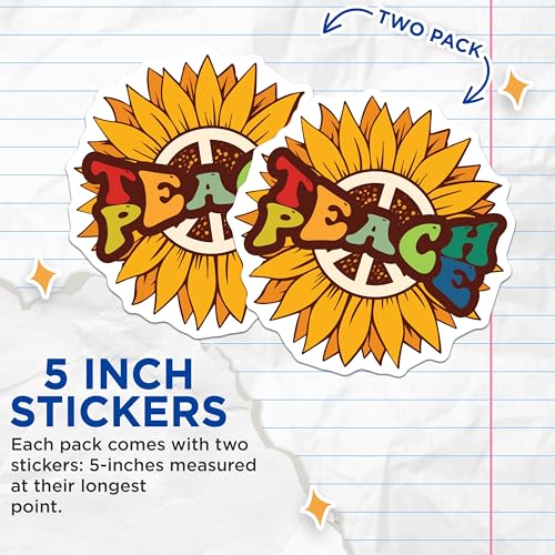 (2 Pack) Teach Peace Stickers - Flower Power Decal - Inspirational Quote Sticker - 5" On Longest Side - Sticks to Smooth Flat Surfaces - Made in USA - BMCS4696