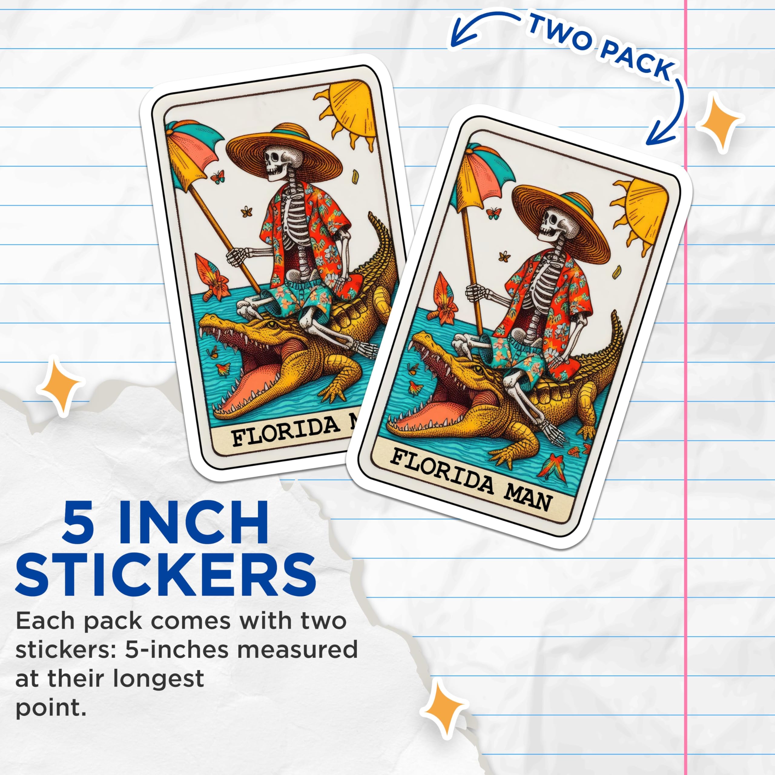 (2 Pack) Florida Man Stickers - Skeleton Riding Alligator Stickers - Tropical Cartoon Stickers - 5" On Longest Side - Sticks to Smooth Flat Surfaces - Made in USA - BMCS4884