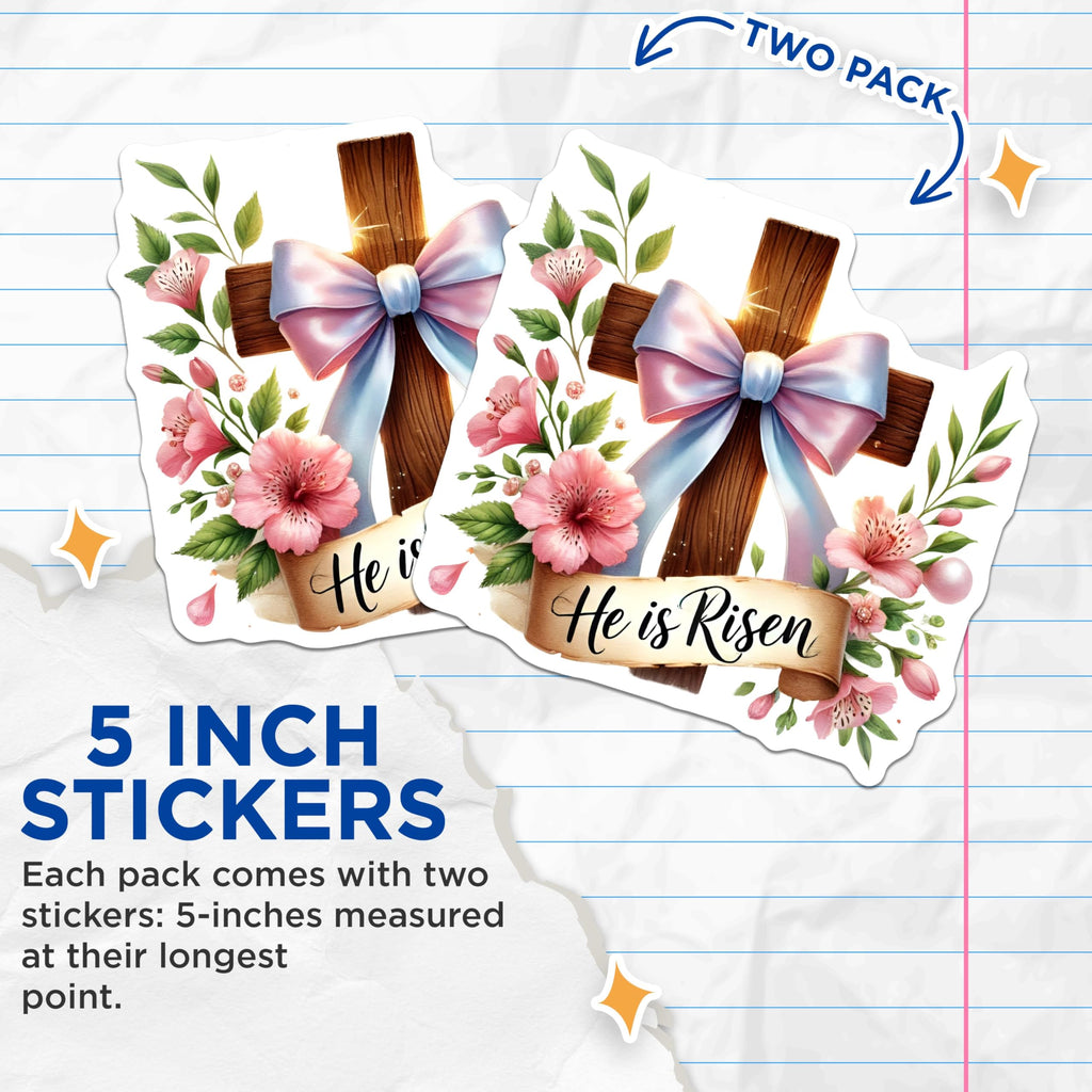 (2 Pack) He is Risen Stickers - Christian Faith - Easter Inspirational - Cross with Flowers - 5" On Longest Side - Sticks to Smooth Flat Surfaces - Made in USA - BMCS6063