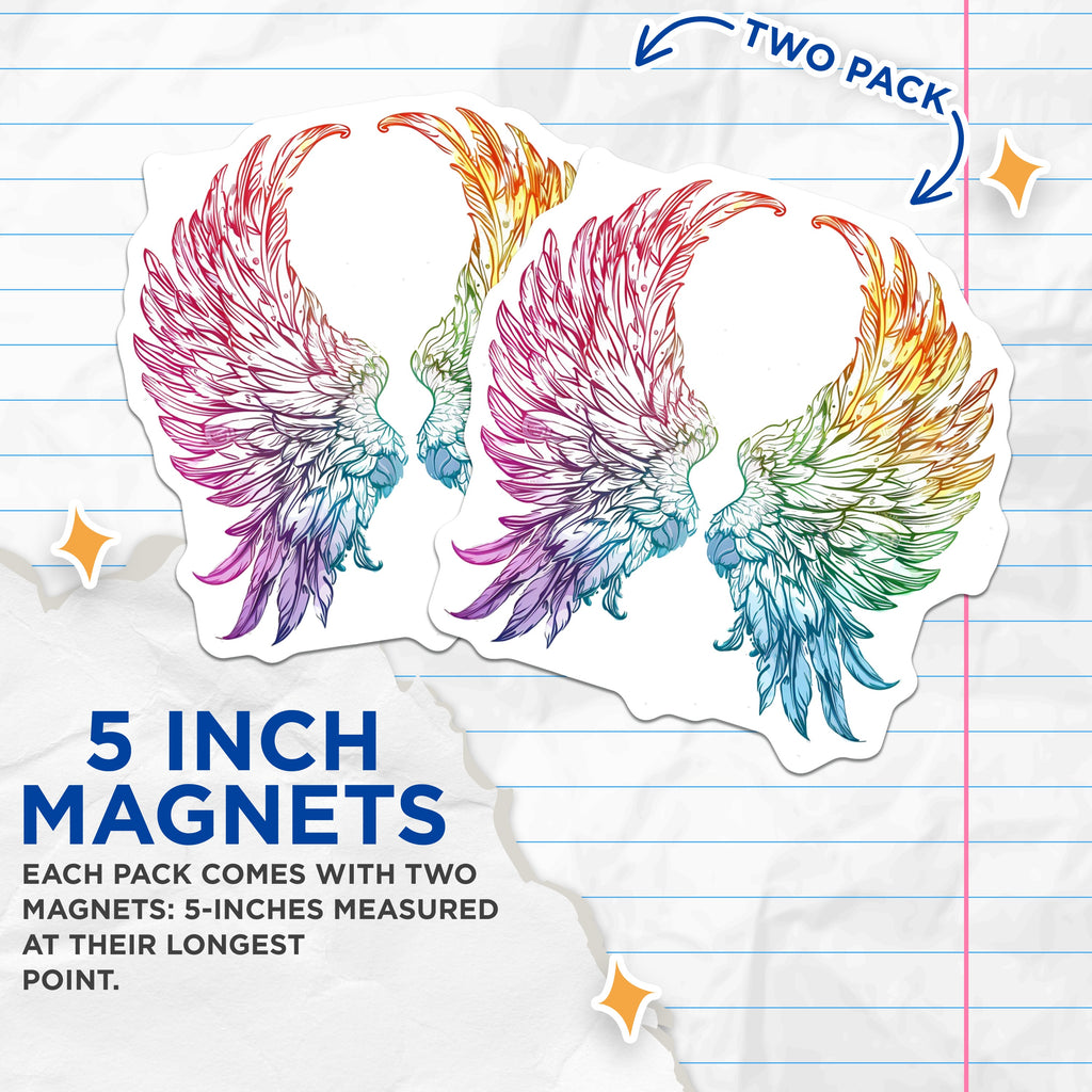 (2 Pack) Rainbow Wings Magnets - LGBTQ+ Pride Decor - Angelic Fantasy Art - Refrigerator Locker Accent - 5 Inches On Longest Side - Thick Durable Magnet - Made in USA - MAG38780