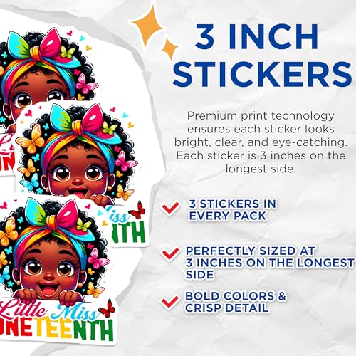 (3 Pack) Little Miss Juneteenth Decals - Black Girl Decal - Afro Girl Laptop Decal - 3 Inches On Longest Side - Easy Peel & Apply - Made in USA - 3MCS6127