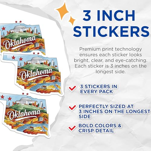 (3 Pack) Oklahoma Decals - State Pride - Laptop Decals- 3 Inches On Longest Side - Easy Peel & Apply - Made in USA - 3MCS5053