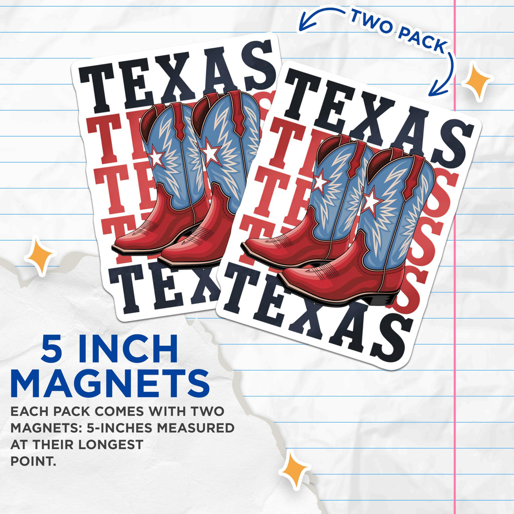 (2 Pack) Texas Cowboy Boots Magnets - Western Theme Home Decor - Lone Star State Souvenirs - Red Blue Star Art Display - 5 Inches On Longest Side - Thick Durable Magnet - Made in USA - MAG21980