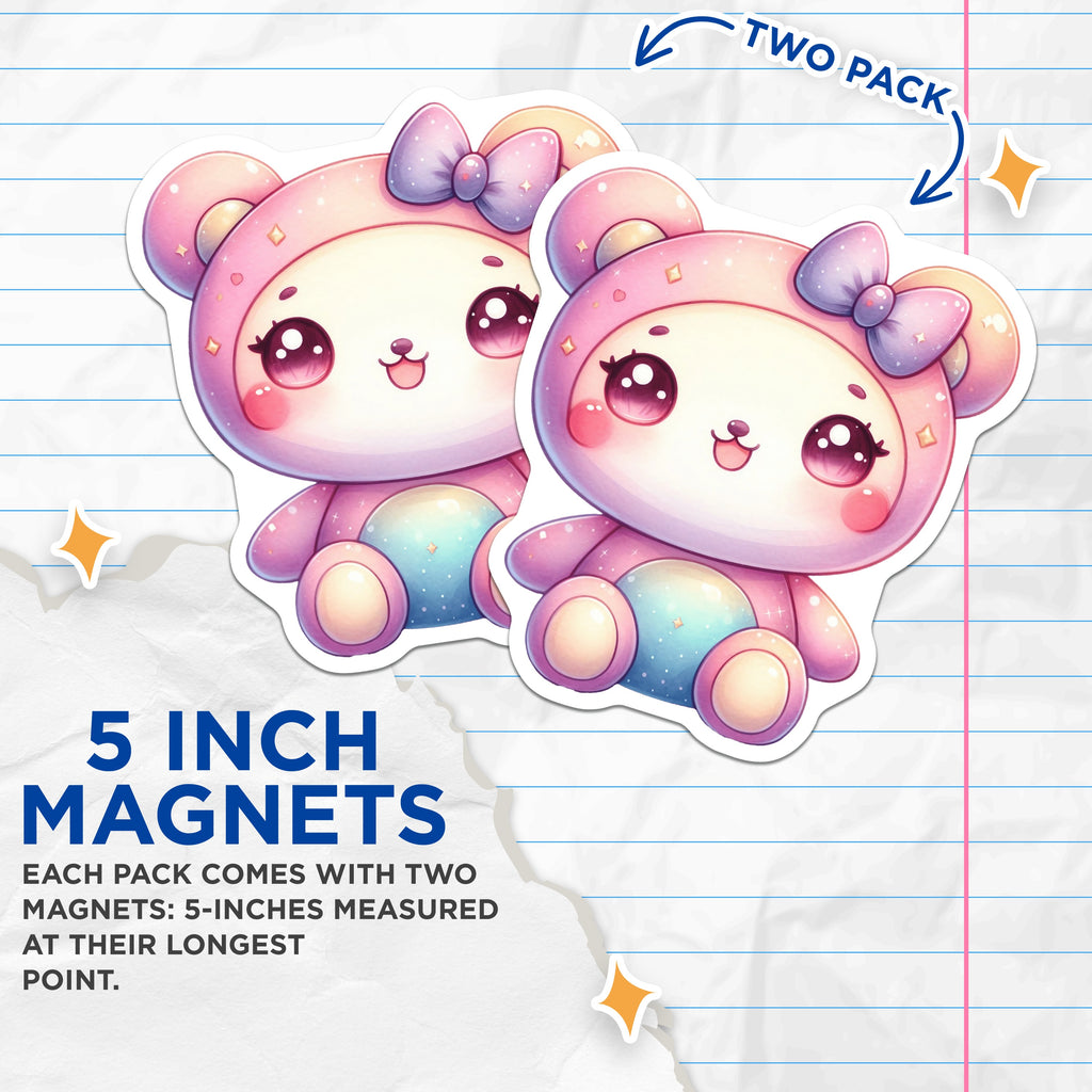 (2 Pack) Kawaii Bear Magnets - Cute Pastel Animal Fridge Decor - Dreamy Aesthetic Character Magnet - 5 Inches On Longest Side - Thick Durable Magnet - Made in USA - MAG38938