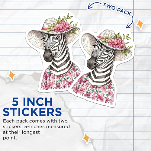 (2 Pack) Zebra with Floral Hat Stickers - Cute Animal Decal - Watercolor Art Animal Lover - 5" On Longest Side - Sticks to Smooth Flat Surfaces - Made in USA - BMCS9498
