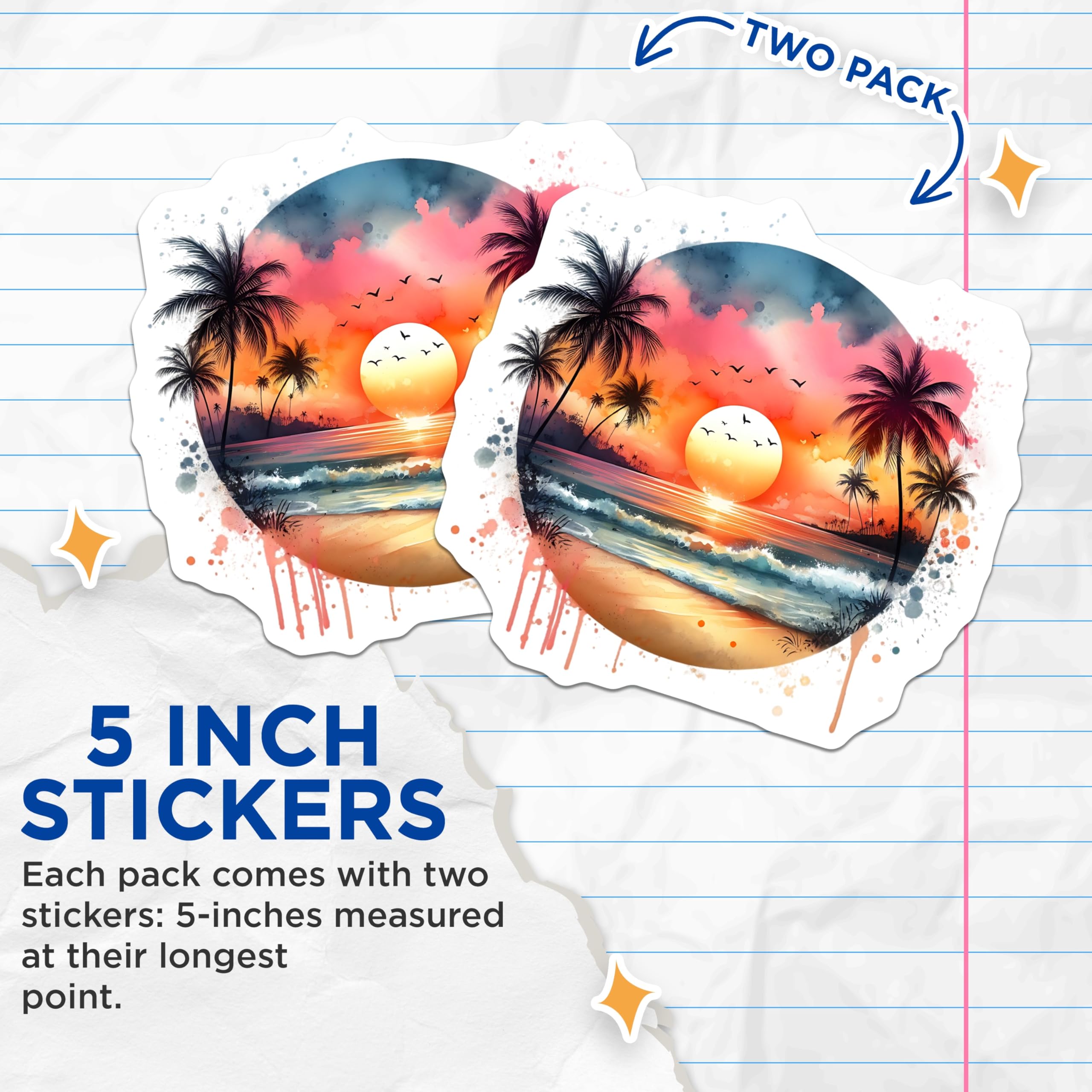 (2 Pack) Sunset Beach Stickers - Tropical Paradise Stickers - Ocean View Stickers- 5" On Longest Side - Sticks to Smooth Flat Surfaces - Made in USA - BMCS16310