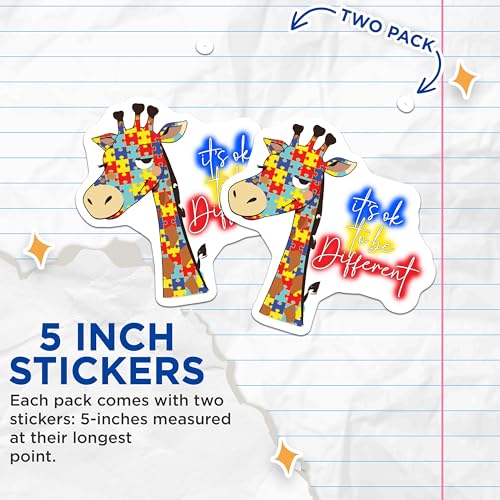 (2 Pack) Giraffe Stickers - Puzzle Giraffe - Autism Awareness - It's Ok to Be Different Stickers - Unique Animal Stickers - 5" On Longest Side - Sticks to Smooth Flat Surfaces - Made in USA - BMCS6663