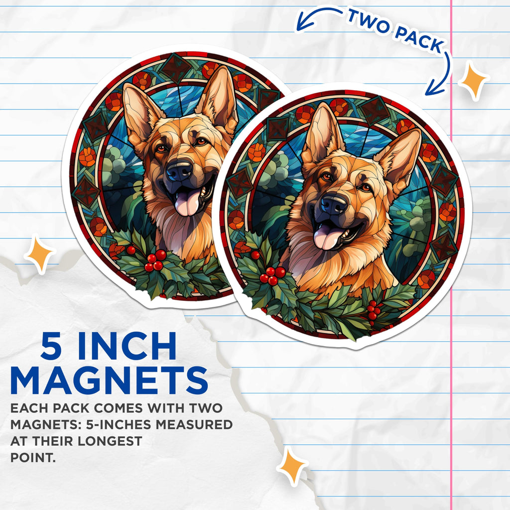 (2 Pack) German Shepherd Christmas Magnets - Stained Glass Dog Art - Holiday Decor for Pet Lovers - 5 Inches On Longest Side - Thick Durable Magnet - Made in USA - MAG28343