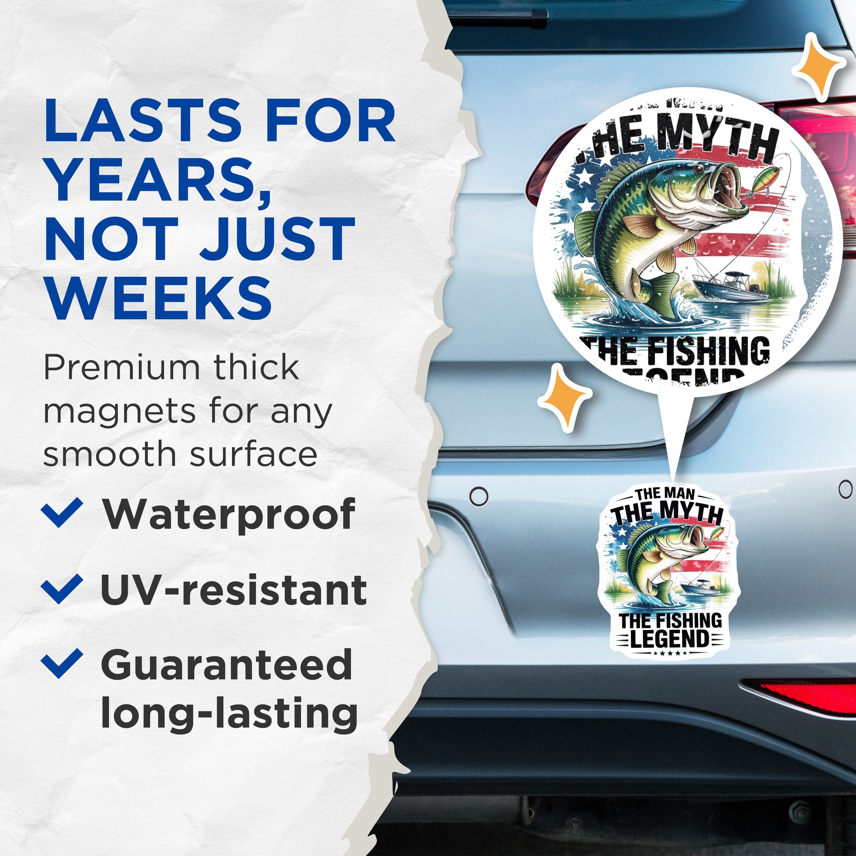 (2 Pack) Fishing Legend Magnets - Bass Angler Art - Patriotic Outdoor Humor - Man Myth Motif - Refrigerator Locker Decor - 5 Inches On Longest Side - Thick Durable Magnet - Made in USA - MAG36977