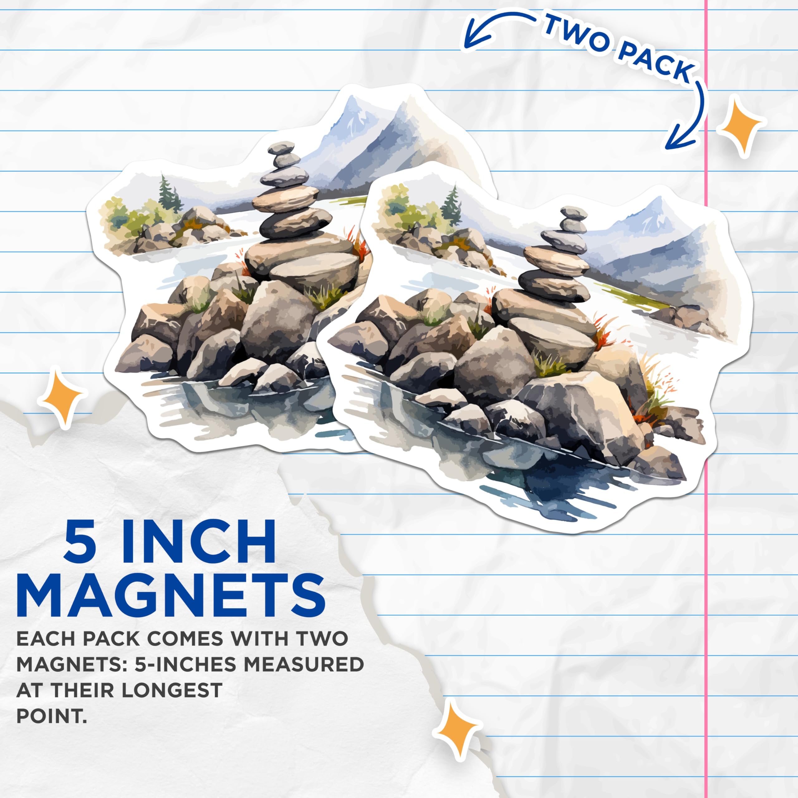 (2 Pack) Cairn Stone Magnets - Mountain Lake Landscape Art - Zen Balance Decor for Fridge - 5 Inches On Longest Side - Thick Durable Magnet - Made in USA - MAG19910