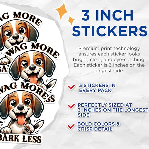 (3 Pack) Wag More Bark Less Decals - Cartoon Dog Decals - Pet Lover Laptop Decal - 3 Inches On Longest Side - Easy Peel & Apply - Made in USA - 3MCS1281