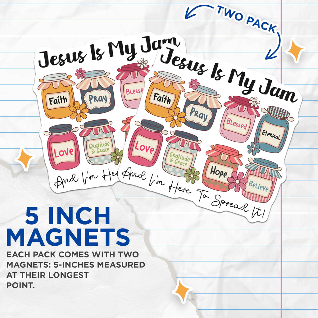 (2 Pack) Jesus is My Jam Magnets - Christian Faith Jars - Inspirational Scripture Quote - 5 Inches On Longest Side - Thick Durable Magnet - Made in USA - MAG23268