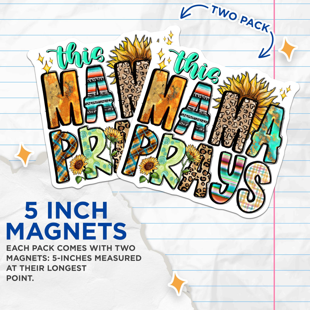 (2 Pack) Mama Prays Magnets - Christian Mom Decor - Sunflower Leopard Print - 5 Inches On Longest Side - Thick Durable Magnet - Made in USA - MAG28277