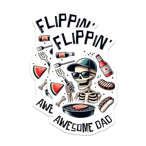 (2 Pack) Flippin' Awesome Dad Stickers - Skeleton BBQ - Grilling Dad for Father's Day - 5" On Longest Side - Sticks to Smooth Flat Surfaces - Made in USA - BMCS7468