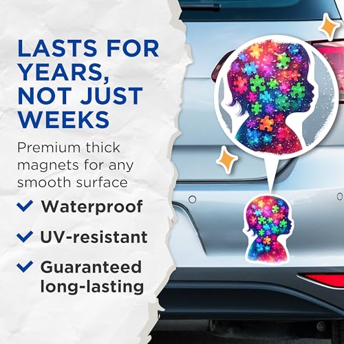(2 Pack) Autism Awareness Magnets - Puzzle Piece Art - 5" On Longest Side - for Cars, Fridges, Toolboxes - Made in USA - MAG7905