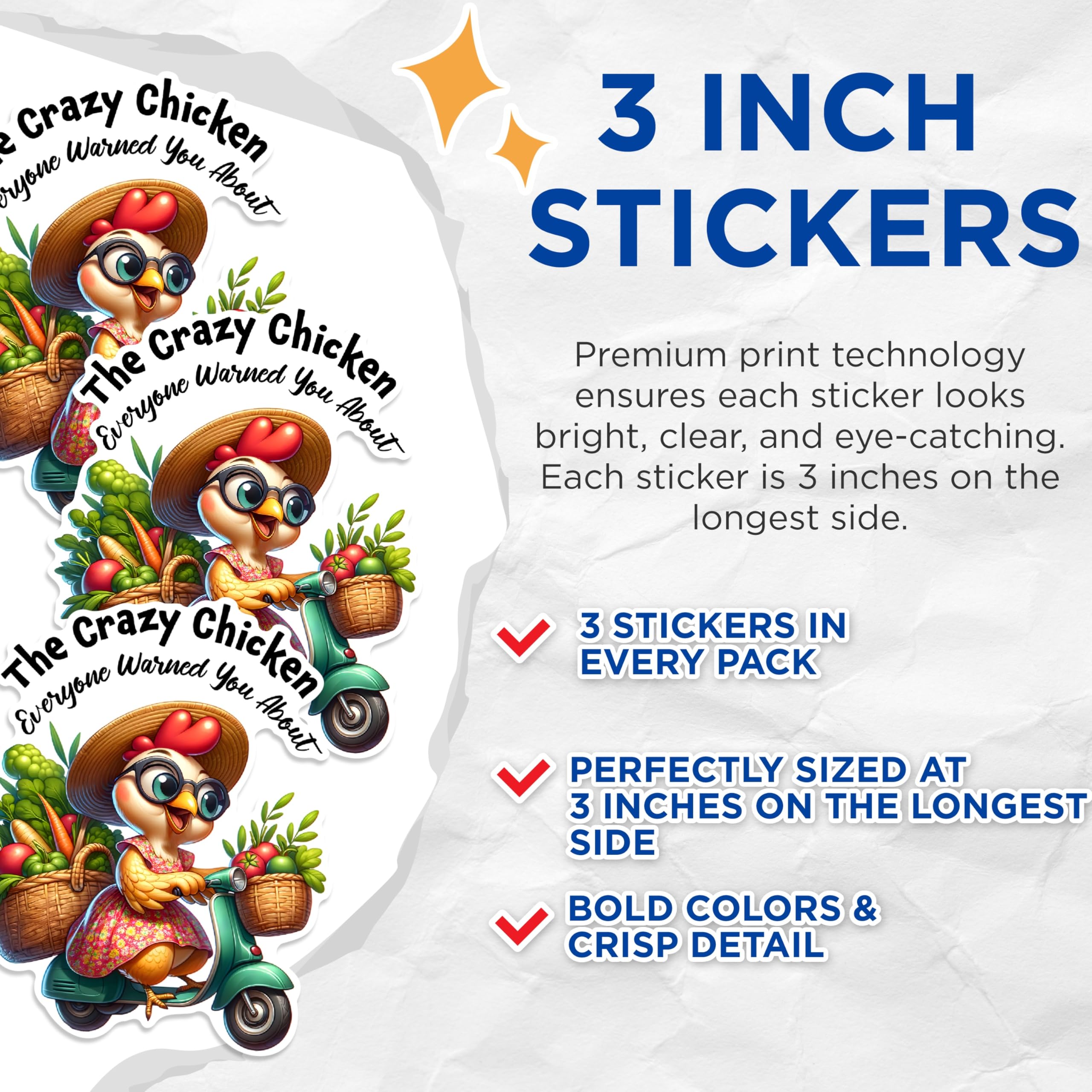 (3 Pack) Crazy Chicken Decals - Funny Animal Decal - Scooter Decals - 3 Inches On Longest Side - Easy Peel & Apply - Made in USA - 3MCS1710