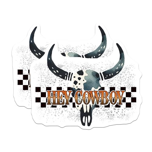 (2 Pack) Hey Cowboy Stickers - Western Skull Stickers - Southwestern Aesthetic Stickers - 5" On Longest Side - Sticks to Any Smooth Flat Surface - Made in USA - BMCS3155