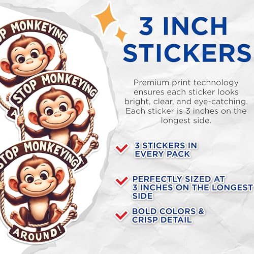 (3 Pack) Monkeying Around Decals - Funny Monkey - Cute Animal Decals - 3 Inches On Longest Side - Easy Peel & Apply - Made in USA - 3MCS1479