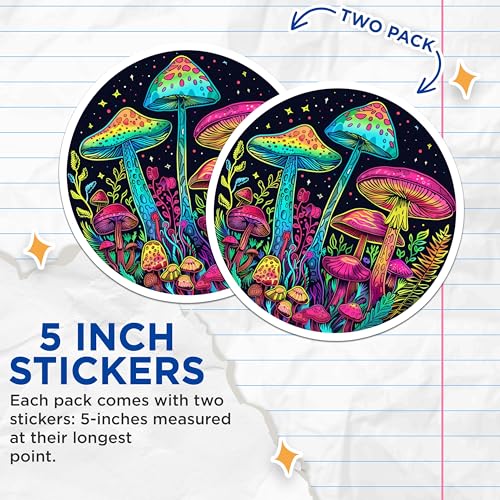 (2 Pack) Colorful Mushroom Stickers - Psychedelic Mushroom Art - Nature Inspired Fungi Stickers - 5" On Longest Side - Sticks to Smooth Flat Surfaces - Made in USA - BMCS6803
