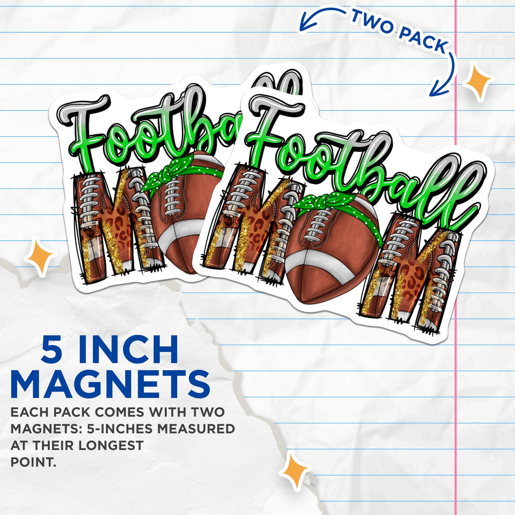 (2 Pack) Football Mom Magnets - Leopard Print Sports Mama - Game Day Team Fan Decor - 5 Inches On Longest Side - Thick Durable Magnet - Made in USA - MAG23295
