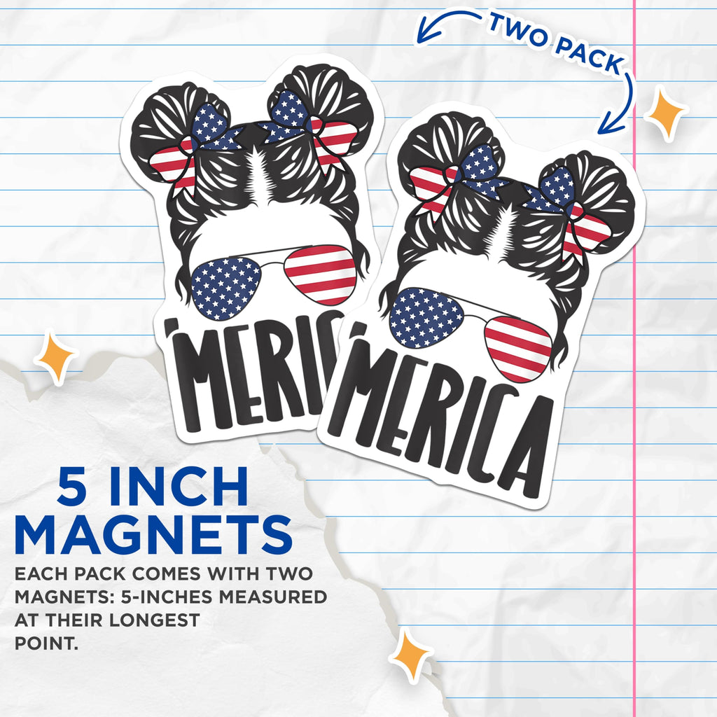 (2 Pack) Messy Bun America Magnets - Patriotic USA Decor - Independence Day Celebration Fridge - 5 Inches On Longest Side - Thick Durable Magnet - Made in USA - MAG29921