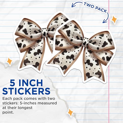 (2 Pack) Cow Print Bow Stickers - Animal Print Accessories - Decorative Bow Decals - 5" On Longest Side - Sticks to Smooth Flat Surfaces - Made in USA - BMCS6986